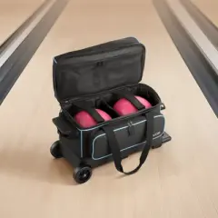 VEVOR Bowling Ball Bag, 2 Ball Double Roller Bowling Bag with Wheels, Featuring a Separate Compartment for Shoes (Up To US Size 16), Black