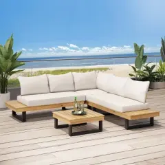 Sebastian 4pc Outdoor Acacia Wood 5 Seater Sofa Sectional with Cushions - Teak/Beige - Christopher Knight Home
