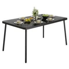 Outdoor Dining Table with 5mm Tempered Glass Top & Iron Frame, Large Black Patio Table for Garden, Restaurant, Weather-Resistant Metal Outside Table