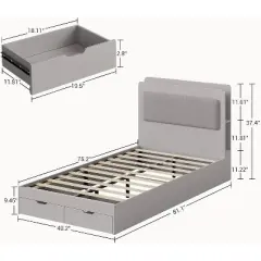 Twin Bed Frame with Upholstered Headboard and Storage &ndash; Wooden Platform Bed with 2 Drawers and 4 Open Shelves, Easy Assembly, Noise-Free, Grey