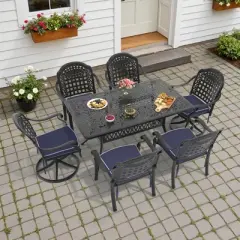 7-Piece Cast Aluminum Patio Dining Set with Rectangle Table, 2 swivel chairs and 4 fixed dining chairs, Blue Cushions and Umbrella Hole