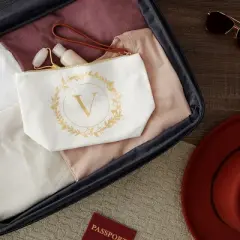 Glamlily Gold Initial V Personalized Makeup Bag for Women, Monogrammed Canvas Cosmetic Pouch (White, 10 x 3 x 6 In)