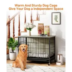 27.2" Dog Crate Furniture with Removable Tray and Wheels for Small Dogs, Wooden Dog Kennel Furniture with Double-Doors,Grey