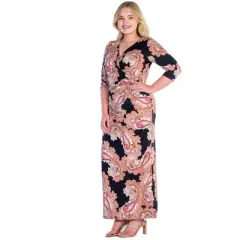 Womens Plus Size Black and Pink Paisley Sleeve Side Slit Maxi Dress