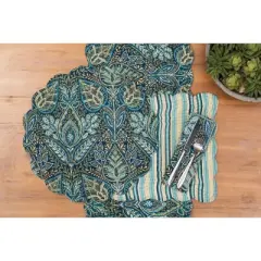 C&F Home Bailey Blue Reversible Graphic Print Machine Washable Scallop Quilt Table Runner 14" x 51"