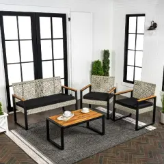 Wilder 4-Piece Modern Coastal Faux Wicker Conversation Outdoor Patio Set - JONATHAN Y