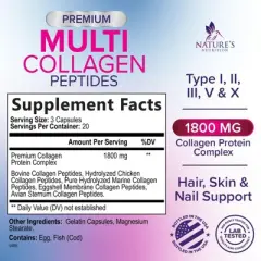 Multi Collagen Supplement, Type I, II, III, V, X Collagen Pills, Collagen Supplements, Hair, Skin, Nail & Joint - 60 Capsules By Nature's Nutrition