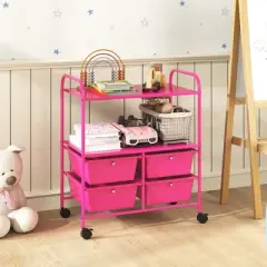 Tangkula 4-Drawer Rolling Storage Cart with 2 Shelves Mobile Utility Cart with Removable Drawers and Metal Frame with Lockable Wheels Pink