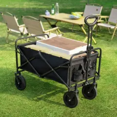 Besiter Wagon Cart, Collapsible Wagon Cart with 2 Cup Holders, Portable Utility Wagon with Adjustable Handbar for Camping, Shopping, Outdoor