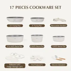 KOCH SYSTEME CS 17pcs Pots and Pans Set Non Stick, Nonstick Ceramic Cookware Set with Detachable Handle, Cream White