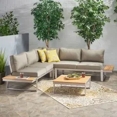 Sterling 4pc Outdoor Aluminum V Shaped 5 Seater Sofa with Cushions - Khaki/Natural - Christopher Knight Home