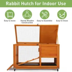 Sandinrayli Fashion Wooden 36In Rabbit Hutch - Outdoor/Indoor w/Wheels, Removable Tray, Openable Roof, Anti-Slip Ramp for Small Bunnies (Orange)