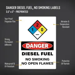 Avery Diesel Fuel No Smoking Sign Label Stickers, Waterproof, UV Resistant, Preprinted, 5" x 3.5", 8 Stickers