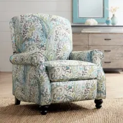 Elm Lane Ethel Skye Blue Paisley Patterned Recliner Chair Modern Armchair Comfortable Push Manual Reclining Footrest for Bedroom Living Room Reading
