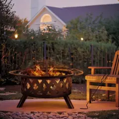 Bestier 20" Fire Pit for Outside Wood Burning, Round Outdoor Fire Pit with Screen and Poker, Brown Steel Fire Pit for Backyard Garden Bonfire Patio