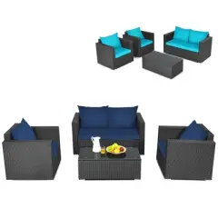 Costway 4PCS Patio Rattan Furniture Set Cushioned Sofa Loveseat with Navy & Turquoise Cover