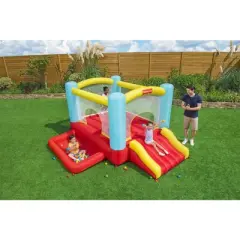 Bestway Fisher Price Bouncemania Inflatable Mega Bouncer with 50 Piece Play Balls, 11 Bounce Stakes, Storage Bag, Blower, and Repair Kit, Multicolor