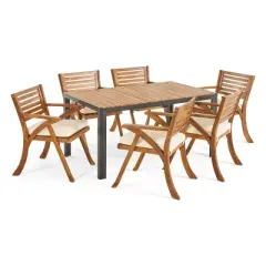 Christopher Knight Home Bellmill Outdoor Iron and Acacia Wood 7 Piece Dining Set with Cushion, Teak/Black