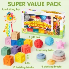 Joyfy Montessori Toys for Baby 0-3-6-12 Months, 4-in-1 Food-Grade Sensory Toys, Infant Stacking Circles Teether, Learning Gifts for Baby Girls Boys