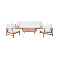 Perla 7pc Acacia Wood Sofa & Club Chair Set - Teak/Cream - Christopher Knight Home