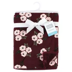 Hudson Baby Infant Girl Plush Blanket with Furry Binding and Back, Burgundy Floral, One Size