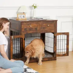 Dog Crate Furniture with Drawers,31.5'' Large Dog Crate with Cushion,Wooden Dog Kennel for Medium/Small Dog,Dog Crate End Table Up to 70 Lbs