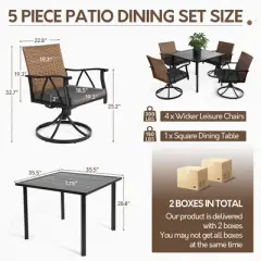 HOMEFUN 5 Piece Patio Dining Set for 4,Outdoor Wicker Furniture Set with 4 Cushions Swivel Rocker Chairs,steel Table Top,Gray