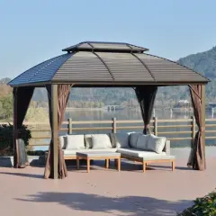 Outsunny 10' x 12' Hardtop Gazebo with Galvanized Steel Rounded Double Roof, Aluminum Frame, Pavilion Gazebo with Netting, Hooks, and Curtains, Brown