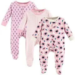 Touched by Nature Baby Girl Organic Cotton Zipper Sleep and Play 3pk, Blossoms