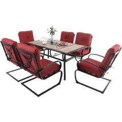 7pc Patio Dining Set with Rectangular Table with Umbrella Hole & Spring Motion Chairs - Burgundy - Captiva Designs