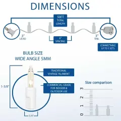 Novelty Lights 50 Feet 100 Bulb Incandescent Mini Lights, 6-Inch Spacing on White Wire, UL Listed for Indoor/Outdoor, Connectable