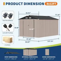 Acekool 8x12 FT Metal Outdoor Storage Shed, Lockable Double Doors, Air Vents, Sloped Roof, Tool Shed for Yard Patio
