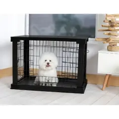 Merry Products 2 Door Decorative Pet Kennel with Wooden Protection Cover, Divider Insert, and Removable Tray End or Side Table, Black