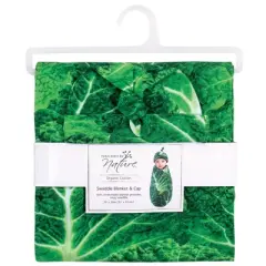 Touched by Nature Baby Organic Cotton Swaddle Blanket and Headband or Cap, Cabbage, One Size