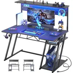 Aheaplus Gaming Desk with Hutch and LED Lights, Computer Table with Storage Shelves