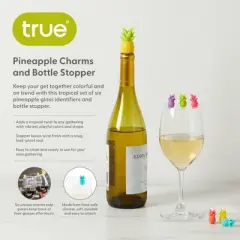 True Pineapple Wine Glass Charms and Drink Markers with Bottle Stopper Set, Silicone, Set of 1 Bottle stopper and 6 Drink Charms, Multi Colored
