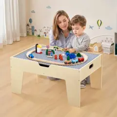 VEVOR Multi-Purpose Activity Play Table, 290 Building Bricks and 30-Piece Wooden Train Set, for Kids Ages 3+, Multicoclor