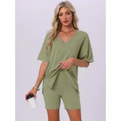 INSPIRE CHIC Women's Oversized V Neck Workout Tracksuit T-Shirts Tops with Biker Shorts Pajamas Lounge Set 2 Pcs