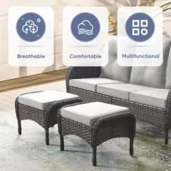 POCASSY Outdoor Ottomans Set of 2 with Cushion, Brown Wicker Patio Footrest with All Weather Wicker Rattan