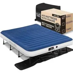 SereneLife EZ-Bed Inflatable Air Mattress with Frame - Luxury Self Inflating Blow Up Guest Airbed Cot with Rolling Case, & Steel Stand ,Blue/White