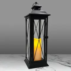 LumaBase Battery-Operated Metal Lantern with LED Candle - Crisscross