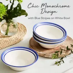 Portmeirion Potter's Stripe Oatmeal Bowl, Set of 4, Ideal for Porridge, Soup, Desserts, Durable Earthenware Bowls, Made in UK - Blue