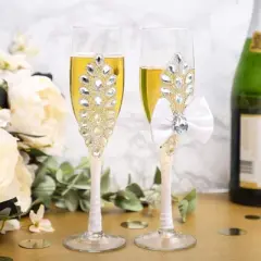 Sparkle and Bash Set of 2 Mr. & Mrs. Wedding Toasting Glasses, Bride and Groom Rhinestone Champagne Flutes in White