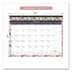 Monthly Desk Pad Calendar, Floral Artwork, 22 x 17, Black Binding, White/Multicolor Sheets, 12-Month (Jan-Dec): 2026