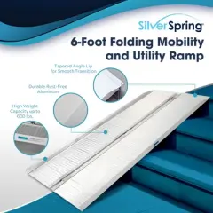 Silver Spring Mobility and Utility Ramp, 6 Foot Long Single Folding Textured Aluminum Surface, 600 lb Capacity with 2 Inch Side Rails, Silver
