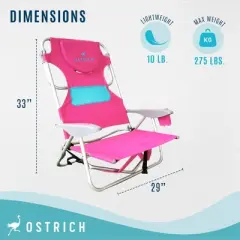 Ostrich Altitude 3-in-1 16-Inch Tall Reclining Chair & Ladies Comfort On-Your-Back Beach Chair w/Storage Bag, Carry/Backpack Straps & Cup Holder, Pink