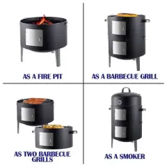 Realcook 17 Inch Vertical Heavy Duty Round Steel BBQ Charcoal Outdoor Smoker with Latch Locking System and Dual Entrance Doors, Black