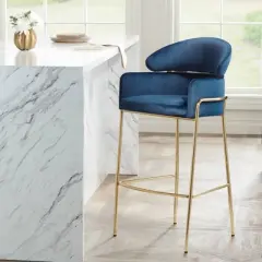 Studio 55D Champagne Gold Bar Stool 31 3/4" High Modern Blue Velvet with Backrest Footrest for Kitchen Counter Height Island