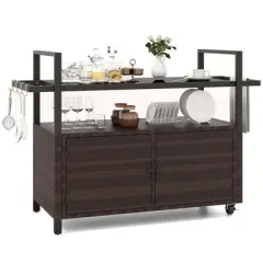 Costway Outdoor Bar Cart with Tempered Glass Top Storage Cabinet & 8 Hooks for Porch Brown/Gray