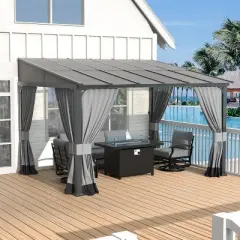 ALAULM 10&rsquo; x 12&rsquo; Wall Mount Gazebo Outdoor Pergola, Lean to Gazebo Canopy Awnings with Sloped Roof and Steel Frame